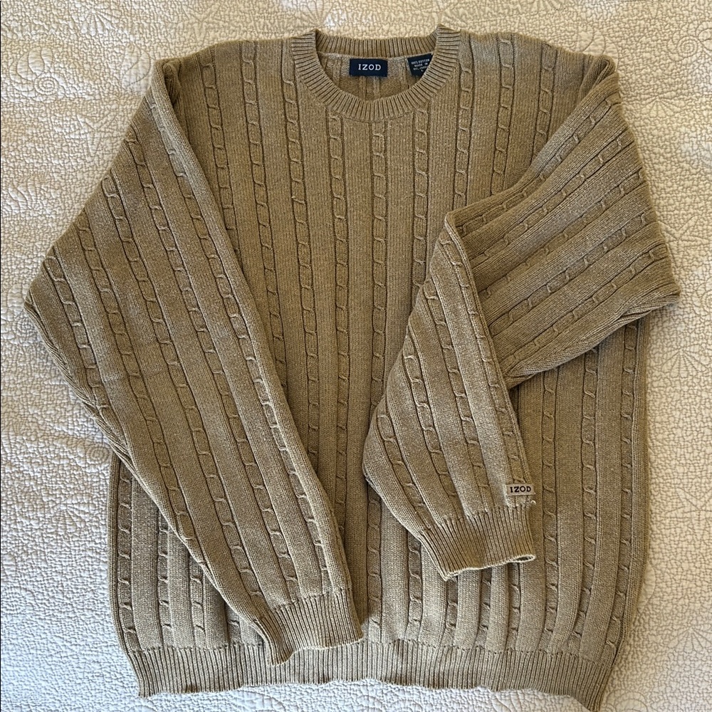 Izod Men's Vintage Beige Cable Knit Sweater 100% Cotton.